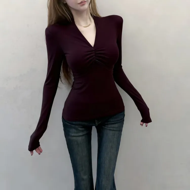 纯欲性感加绒V领褶皱长袖T恤女秋冬辣妹修身显瘦打底衫上衣