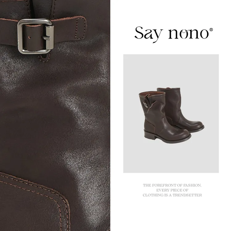 Say  nono  慵懒褶皱金属扣件树膏头层牛皮通勤马丁靴时装靴3cm