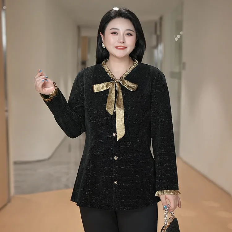 【亮丝欧棉绒】MsShe大码女装春装撞色蝴蝶结长袖上衣J~B2601018