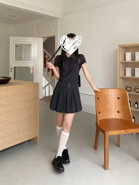 polo领短袖衬衫连衣裙胖MM夏季学院风收腰百褶裙子同面料短裤