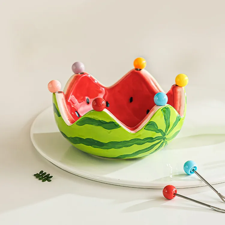 川岛屋水果叉可爱西瓜盘不锈钢果签创意果叉碗甜品蛋糕小叉子收纳