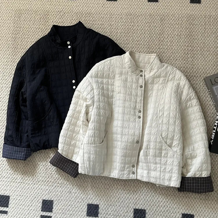 【米可家】压皱绗棉格子袖口拼接立领棉服外套250002
