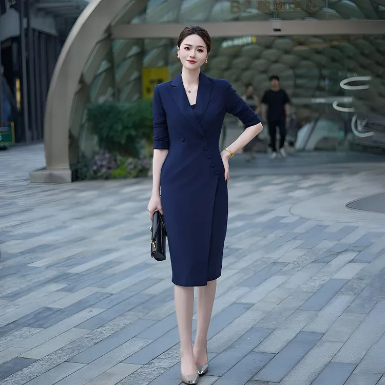 西装连衣裙单排扣秋季连衣裙纯色时尚女神范显瘦气质蓝色修身