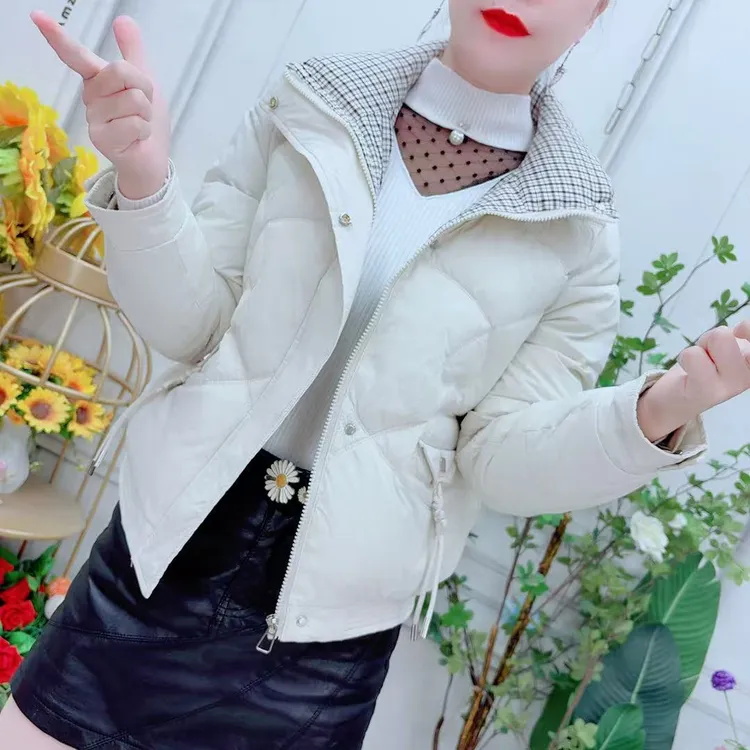 2025秋冬新款韩版时尚百搭显瘦格子拼接棉服外套女洋气休闲上衣女