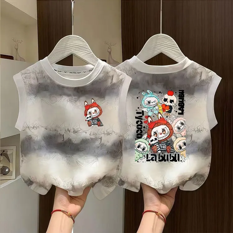 男女童夏季新款纯棉背心T恤儿童卡通拉布布印花坎肩洋气扎染上衣t