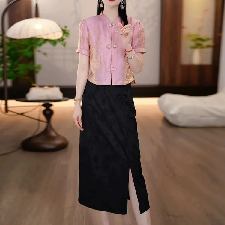 高级织锦提花缎国风盘扣套装礼服裙2025夏季新款修身显瘦俩件套女