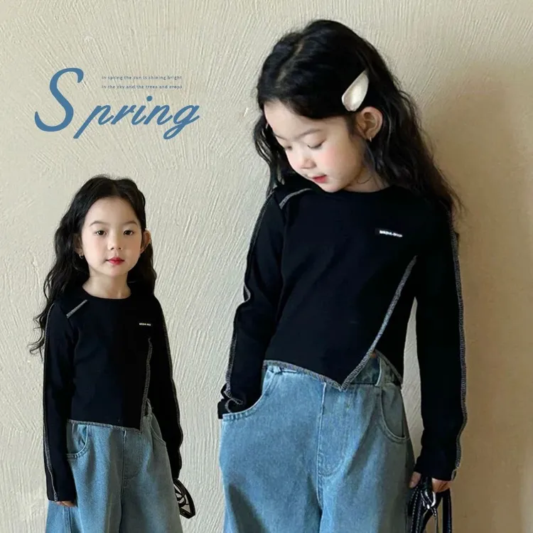 女童长袖T恤2025新款儿童春装韩版洋气儿童春秋款不规则上衣修身