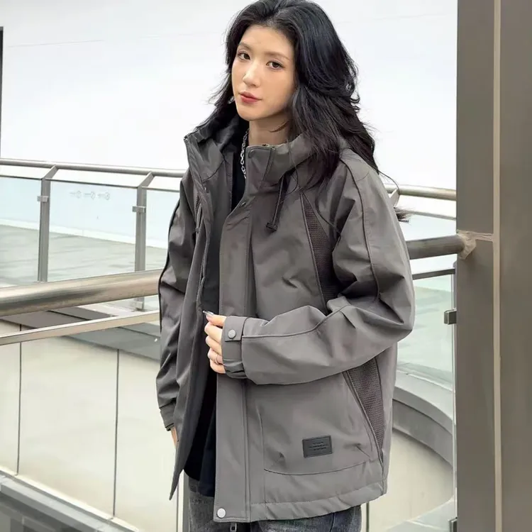 秋冬连帽工装外套棉服男宽松防水冲锋衣百搭拼接加厚二棉外套