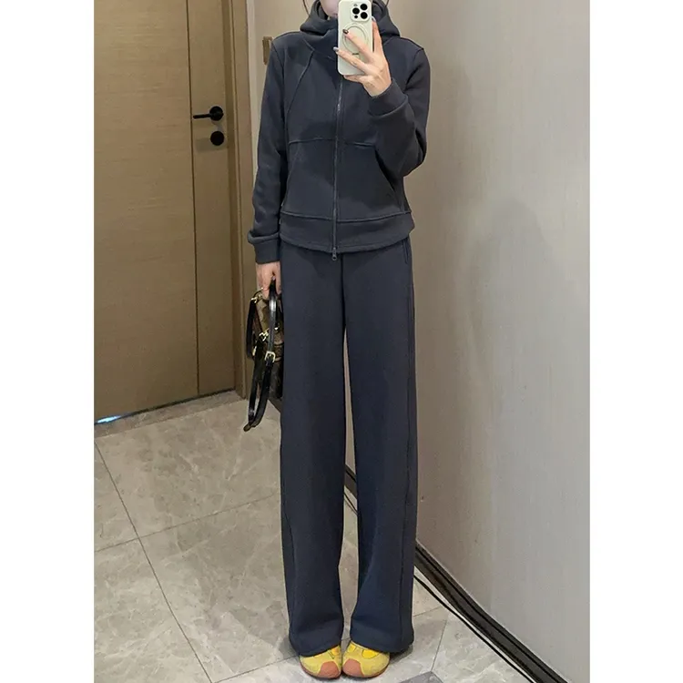 加绒套装女慵懒松弛感秋冬款连帽卫衣外套加厚直筒长裤保暖两件套