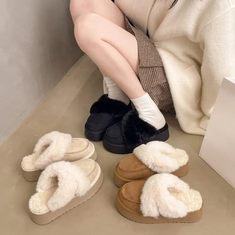 兔毛交叉毛毛拖鞋25年新款纯色休闲拼色防水台包头拖保暖毛毛鞋女