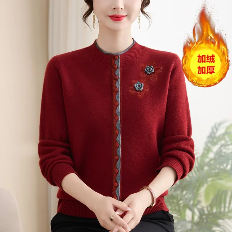 中老年女装圆领秋冬半高领加绒加厚时尚显瘦打底针织衫长袖上衣