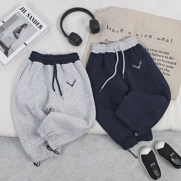 男童加绒休闲裤中小童韩版宽松直筒运动裤刺绣撞色设计百搭好穿