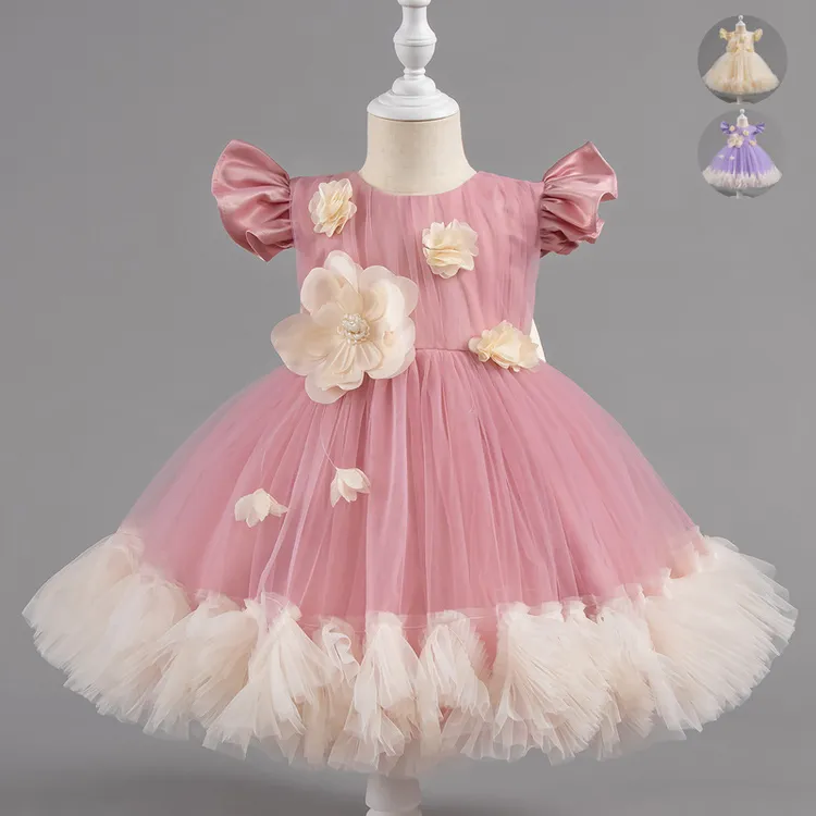 儿童紫色衣服蓬蓬裙礼服公主裙欧美花童装婚纱连衣裙2025夏季洋气