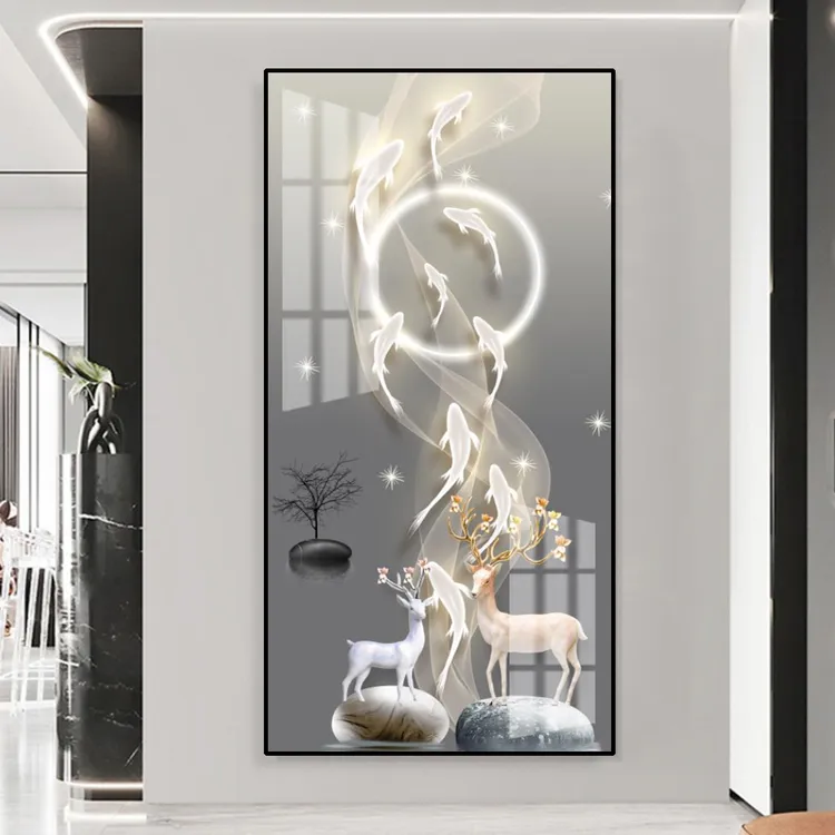 新中式九鱼玄关装饰画走廊入户玄关挂画麋鹿九鱼图晶瓷镶钻玄关画