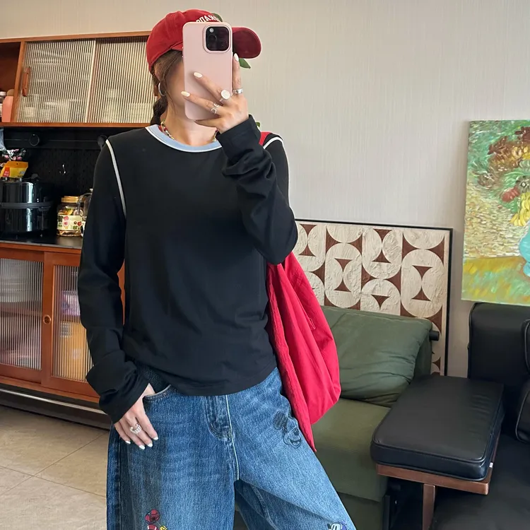 qiqi/琦琦推荐 韩版修身显瘦气质弹力撞色领纯色打底正肩长袖T恤