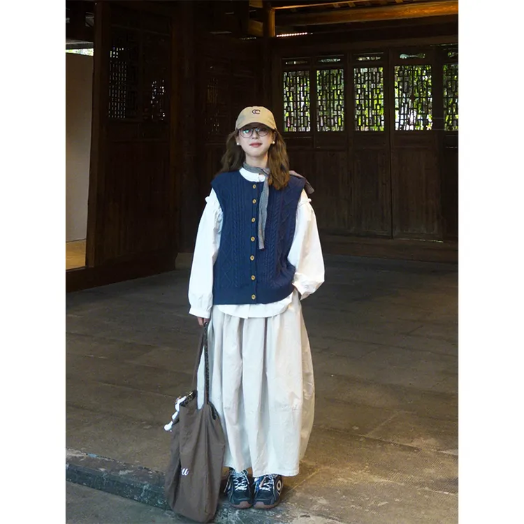 parkyeon设计感花边衬衫叠穿麻花针织马甲女高腰显瘦半身裙三件套