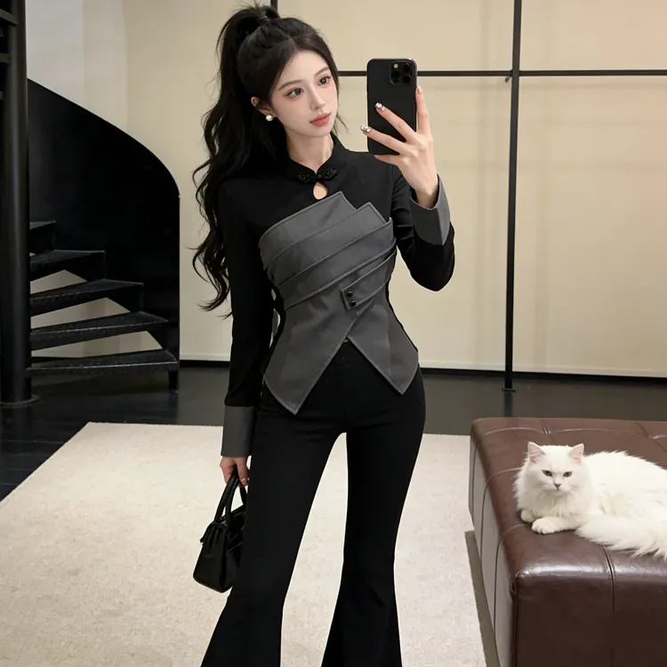 韩系拼接设计撞色长袖秋冬洋气时尚气质修身显瘦百搭打底衫2584