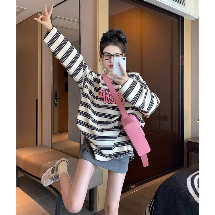 条纹长袖t恤女秋季新款设计感小众美式复古宽松打底衫套头上衣ins