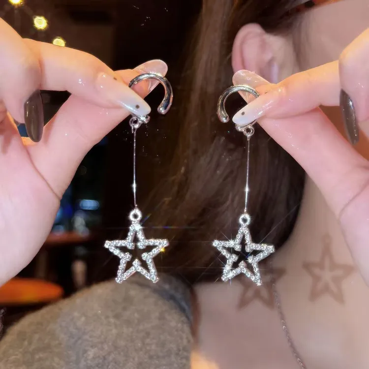 铜合金耳饰 五角星耳夹无耳洞女吊坠耳挂式耳环一体式耳骨夹1161#
