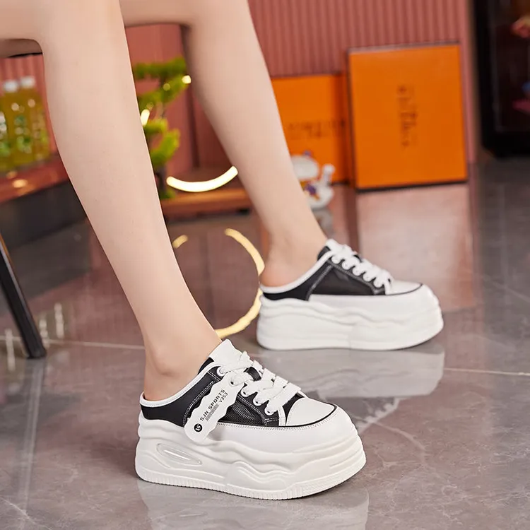 懒人半拖鞋女外穿2025春夏透气一脚蹬包头半托松糕厚底增高小白鞋