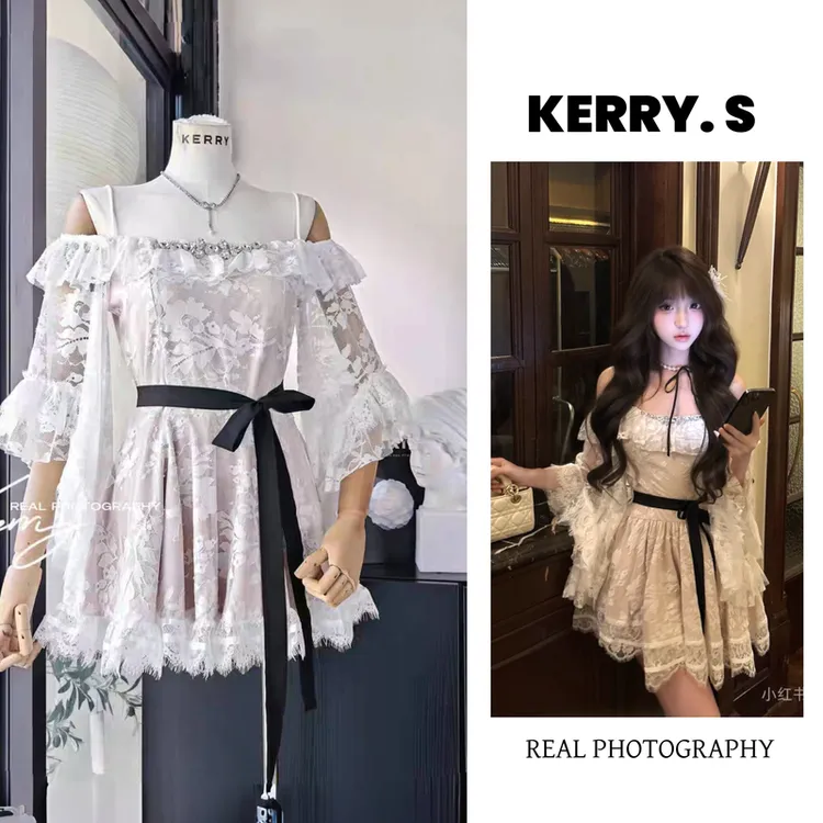 缪斯贵女 2025早秋气质时尚立体提花法式蕾丝荷叶边沙漏腰连衣裙