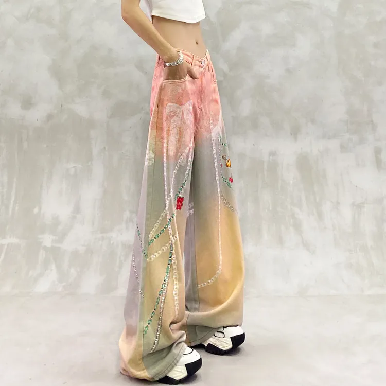 个性数码印花水洗休闲牛仔裤女秋新款高腰宽松显瘦百搭直筒阔腿裤