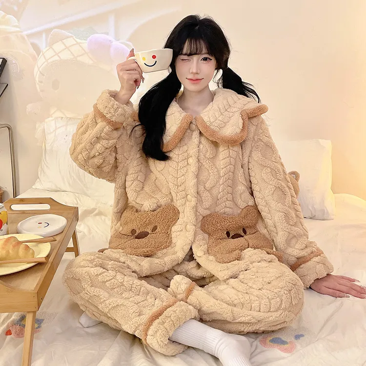 珊瑚绒睡衣女秋冬季加厚加绒新款学生女生家居服甜美卡通两件套装