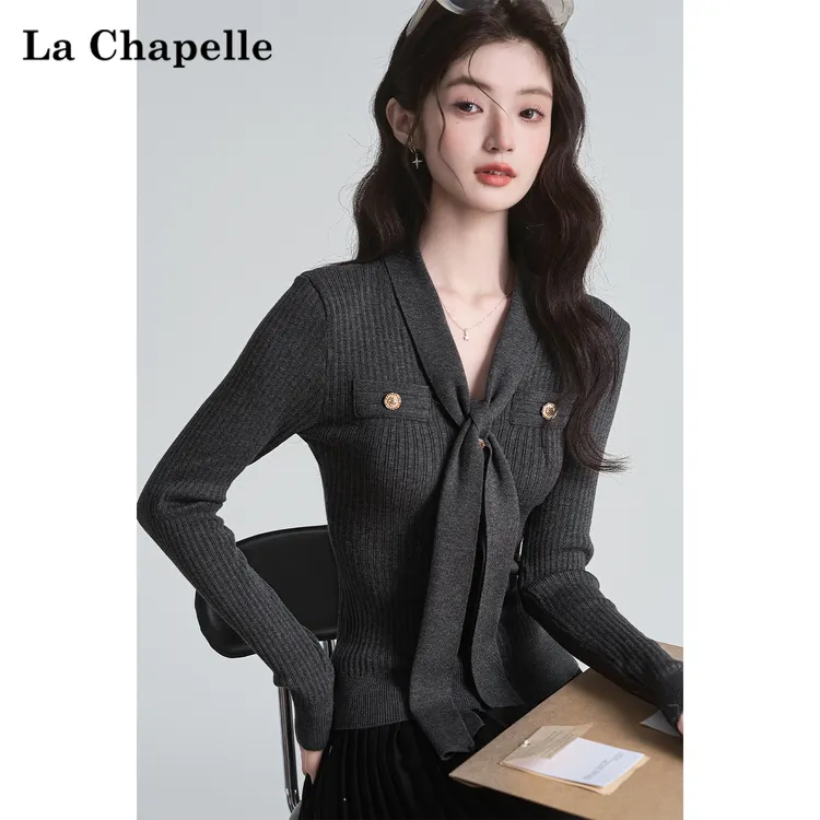 拉夏贝尔飘带设计感v领长袖针织衫女秋季收腰纯欲打底衫灰色上衣