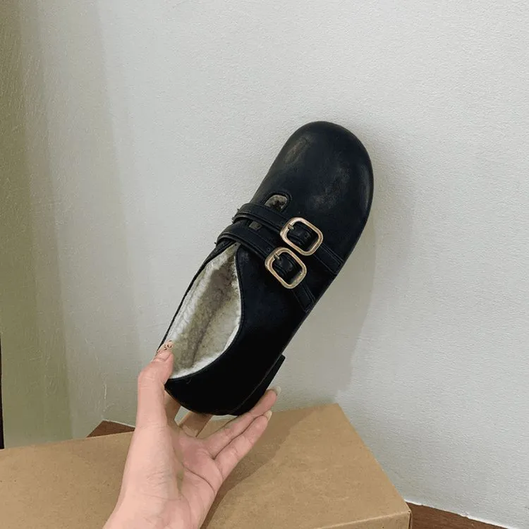 复古搭扣加绒平底豆豆鞋皮带扣棕色乐福鞋毛毛鞋外穿百搭通勤棉鞋