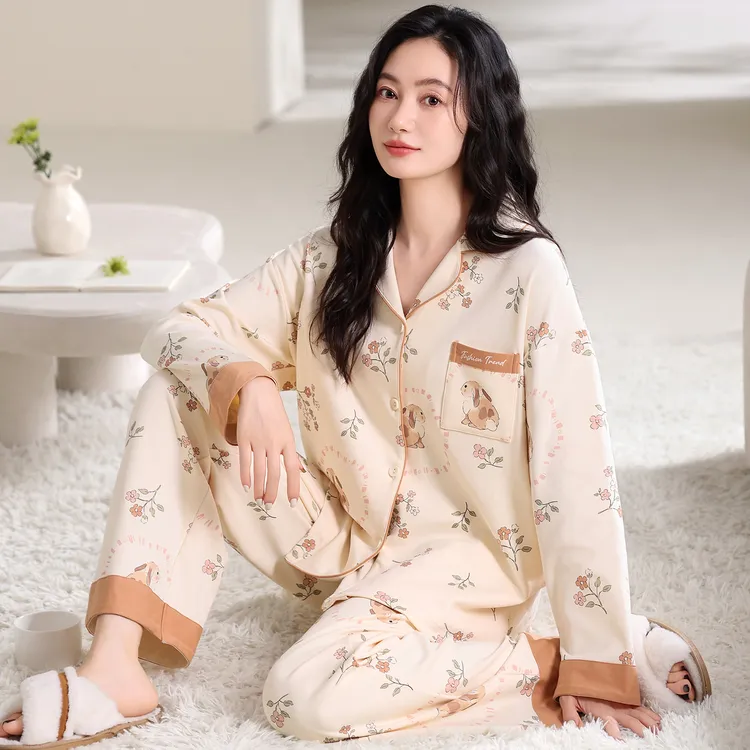 【开运兔子】加厚纯棉撞色花园开衫长袖长裤睡衣家居服套装可外穿