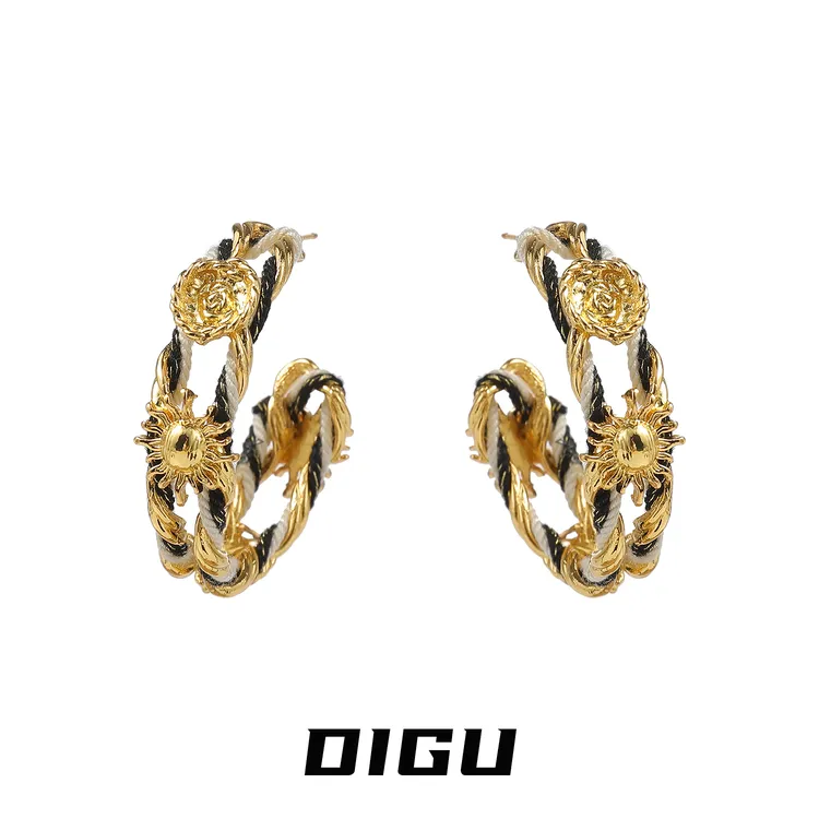 嘀咕家 铜合金耳饰 复古太阳花编织耳圈秋冬气质夸张金色耳环耳饰