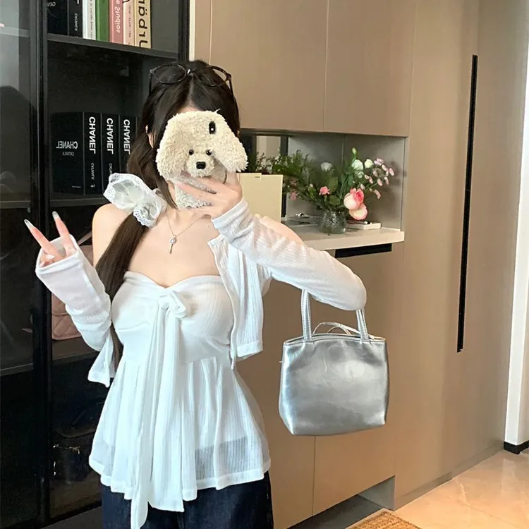 韩系套装白色针织防晒开衫女春季甜辣妹吊带抹胸上衣小个子两件套