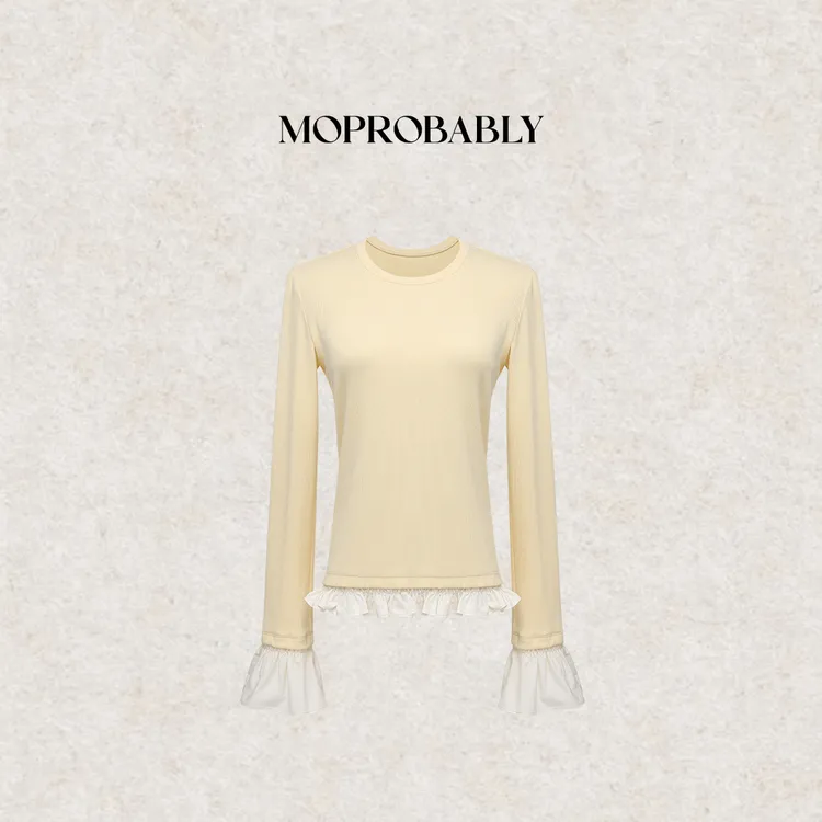 Moprobably李予诺 「女朋友」法式撞色花边假两件长袖T恤L5147150
