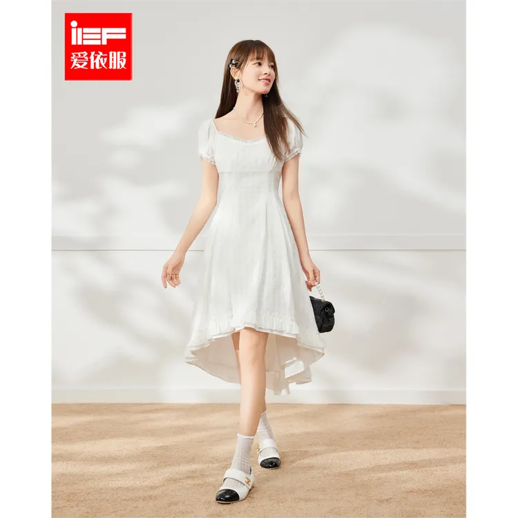 IEF/爱依服2025夏季新款气质温柔法式公主风纯色修身女连衣中裙