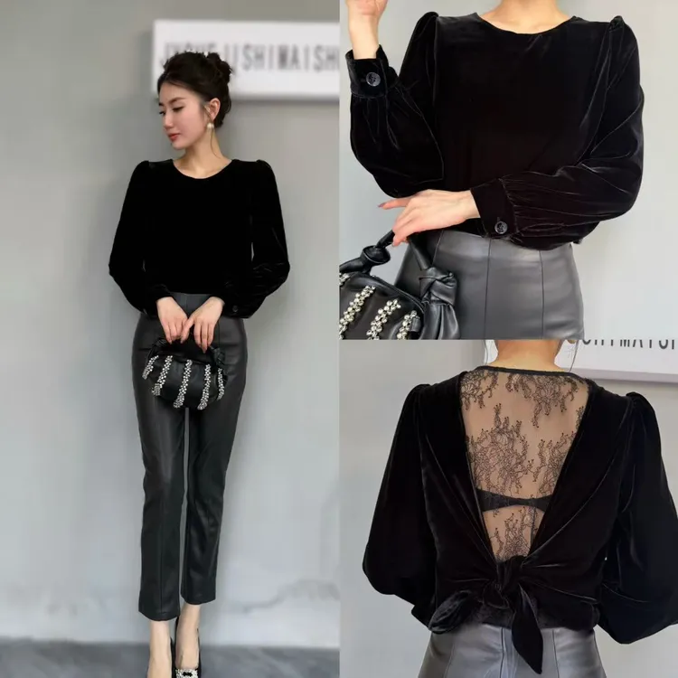 【俊英】轻奢高级感黑色丝绒上衣女秋小香风灯笼袖打底衫圆领衬衫女