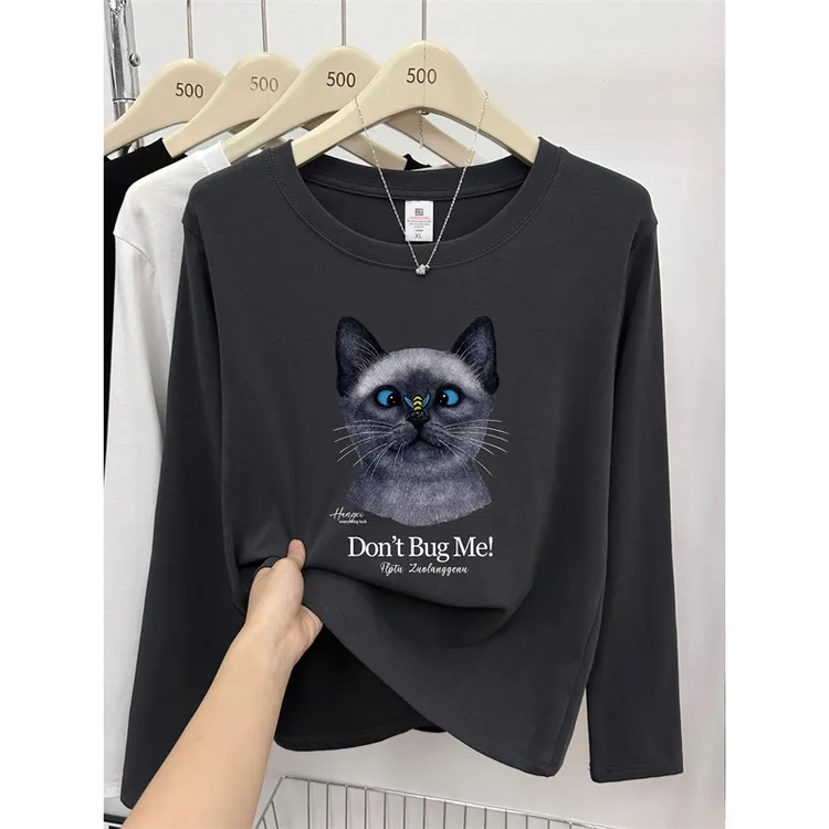 正肩长袖T恤女2025秋冬胖mm大码显瘦圆领洋气猫咪印花打底衫上衣