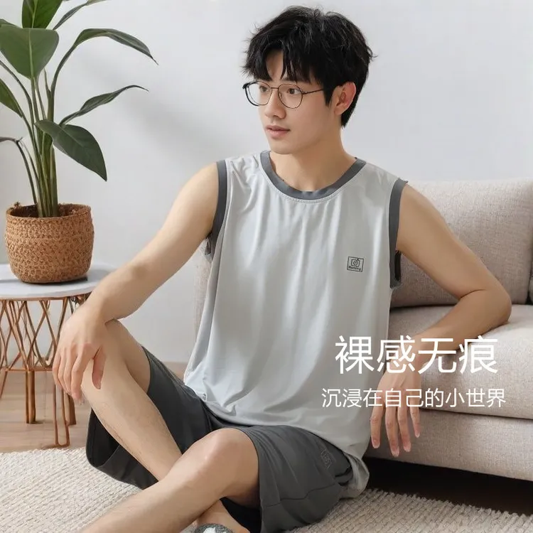 夏天背心莫代尔男士睡衣无袖冰丝薄款加大码宽松中青年家居服外穿