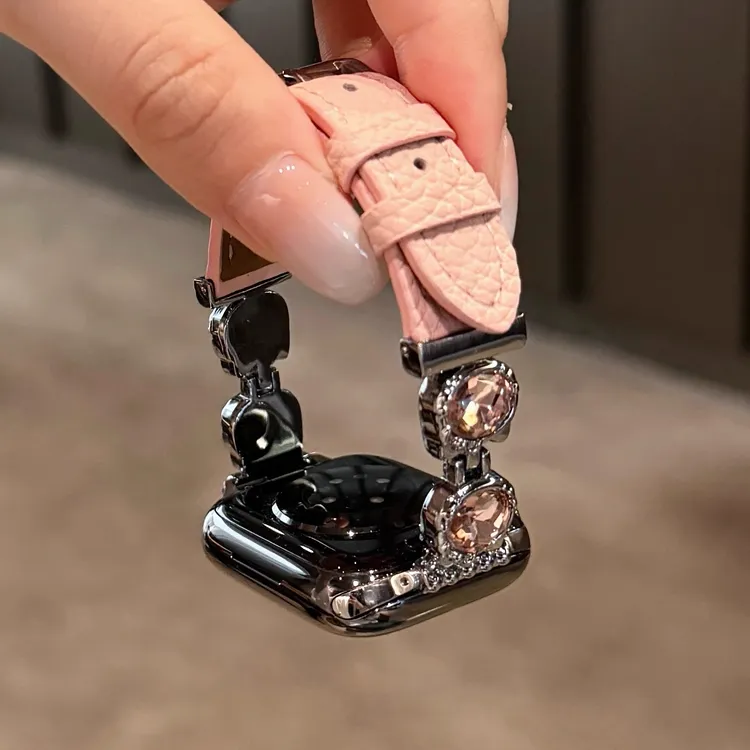 气质感kt镶钻荔枝纹皮质苹果手表表带适用于iwatch10Apple Watch9