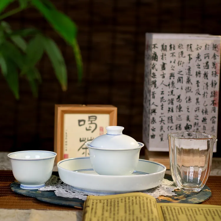 正宗景德镇草木青悬停盖碗茶具泡茶个人专用手工主人杯壶承套装
