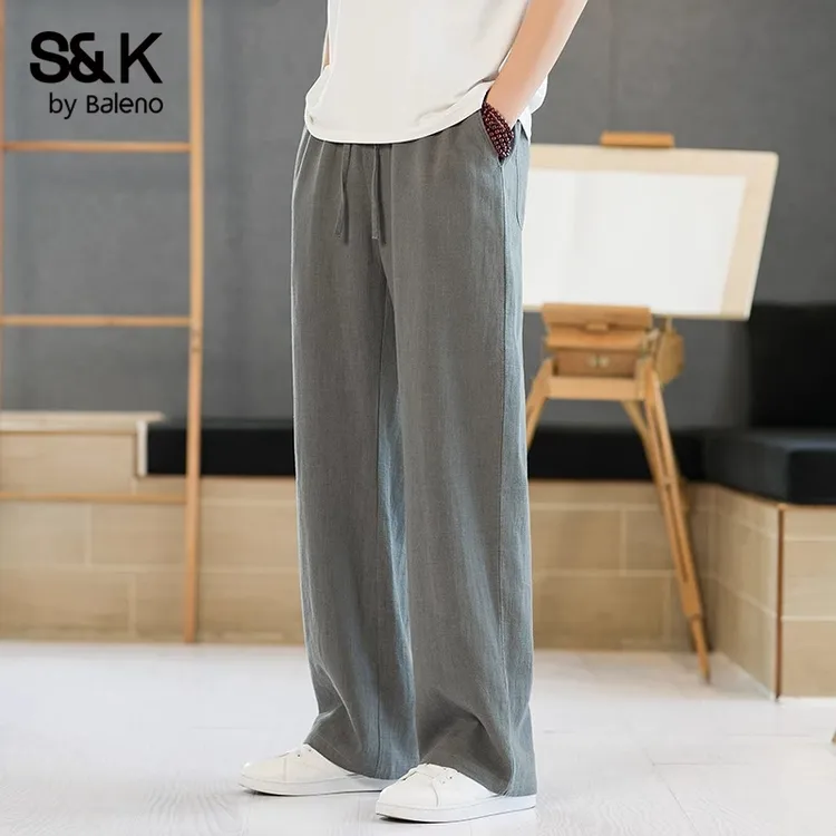 班尼路亚麻裤男士秋季新款棉麻裤子2025新款直筒宽松阔腿休闲长裤