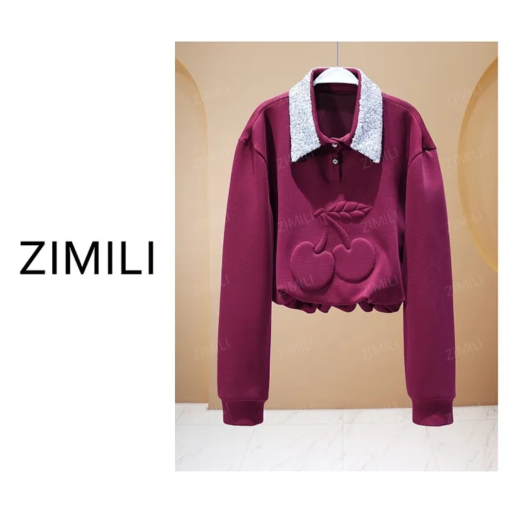 【亮哥女装】2025秋冬《树莓》绛紫色立体绣花拼接珠片绣卫衣6173-K5