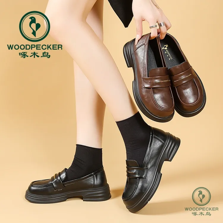 啄木鸟/女一脚蹬2025新款软底英伦小皮鞋复古通勤软底乐福鞋5108