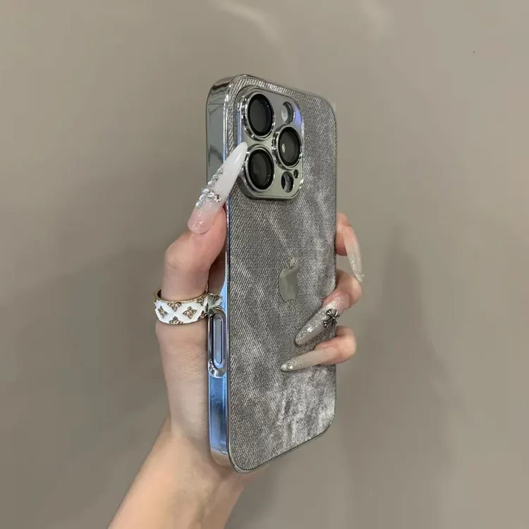 电镀牛仔纹全包防摔适用苹果16手机壳iPhone15promax简约带镜头膜