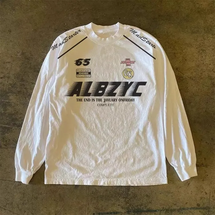 重磅纯棉春秋季圆领赛车元素印花长袖t恤男士白色休闲上衣打底衫