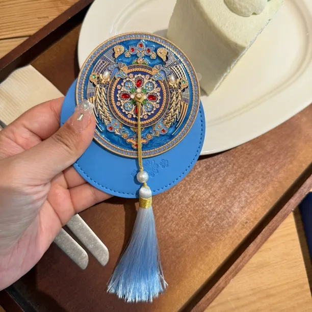 新款花钿翠羽点翠凤冠化妆镜少女心手持随身镜北京文创旅游送礼物