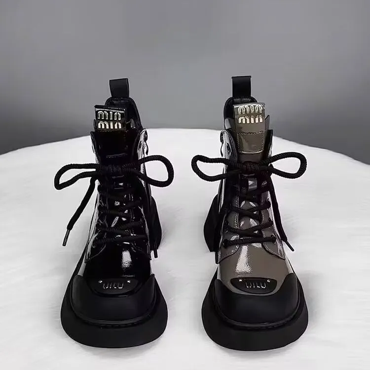 软皮厚底马丁靴女款2025新款春秋季英伦风亮皮网红爆款炸街小短靴