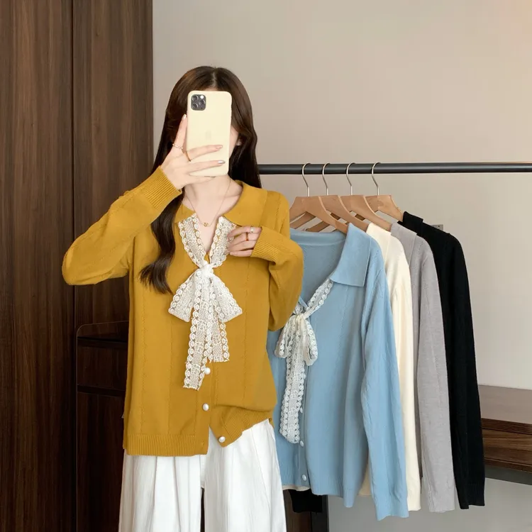 70162大码女装2025秋季新款蕾丝系带时尚洋气减龄针织开衫上衣