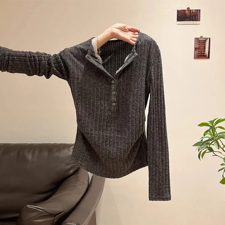 【现货】灰色辣妹蕾丝花边v领长袖T恤女秋新款褶皱收腰修身显瘦上衣