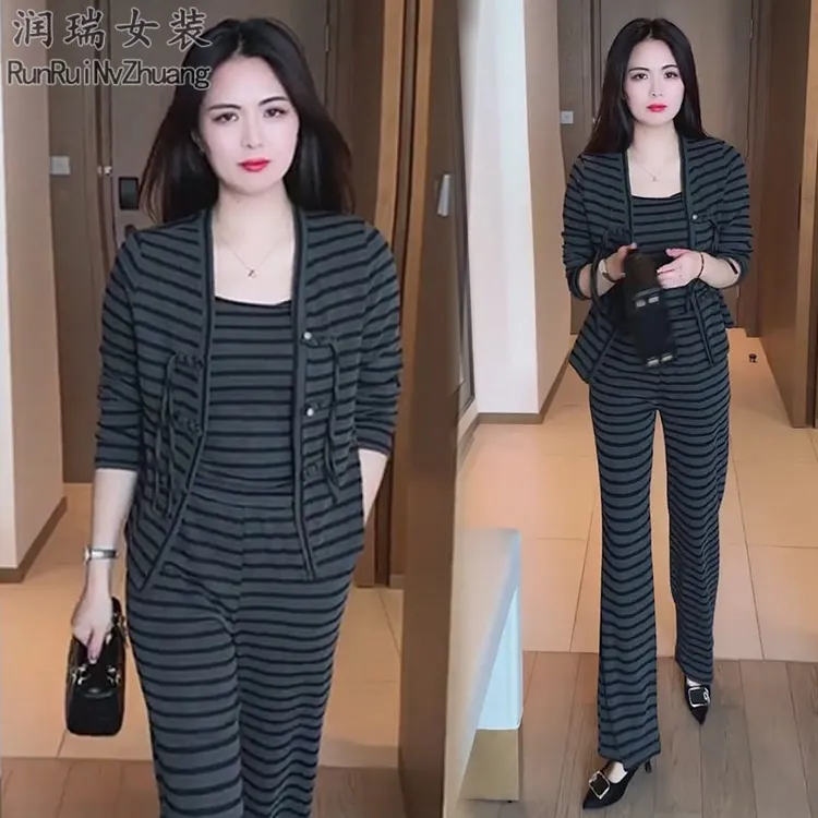 韩版春秋时尚套装女2025秋季新款洋气减龄修身开衫背心长裤三件套