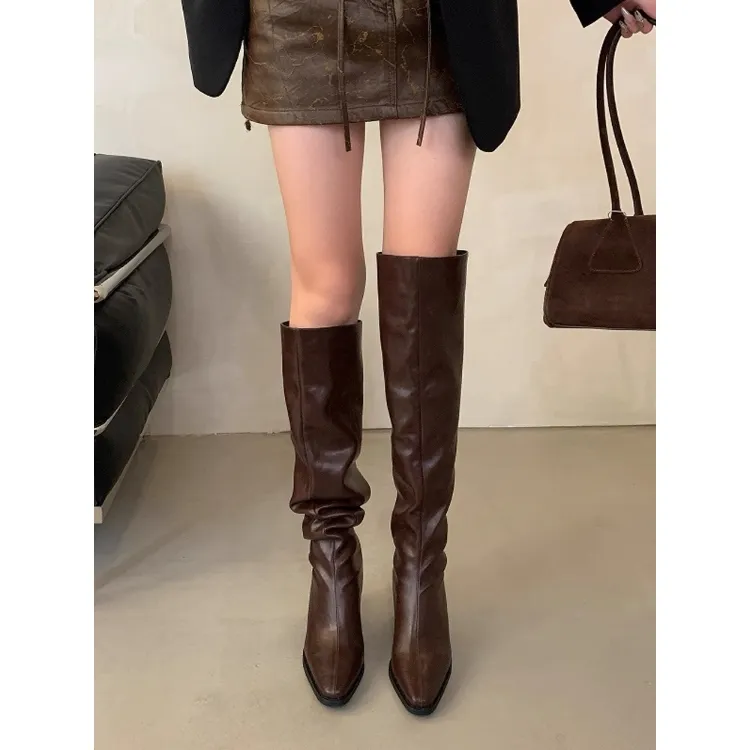 高跟尖头堆堆过膝靴长筒骑士靴女鞋2025新款秋冬季棕色瘦瘦长靴子